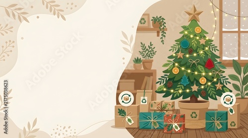 Cozy Christmas Scene with Decorated Tree and Gifts in a Warmly Lit Room.