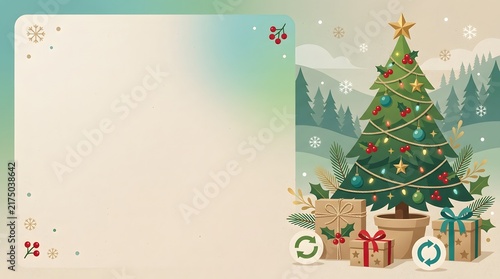 Festive Christmas Tree with Gifts and Snowy Landscape Background.