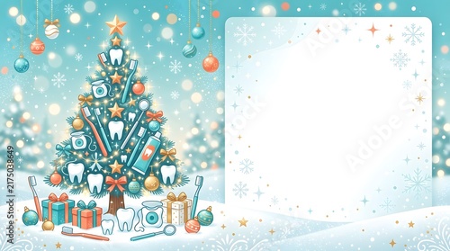 Festive Dental Christmas Tree with Snow and Blank Space for Text.