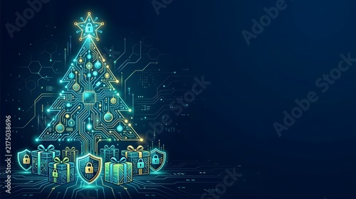 Cybersecurity Christmas Tree with Digital Gifts and Security Shields.