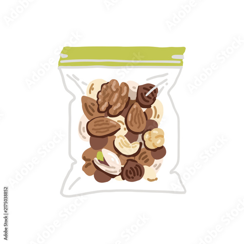 Mixed nuts assortment in clear resealable zip package isolated on white background. Healthy travel snack for hiking, camping, walk, active lifestyle. Almond, cashew, walnut, hazelnut, pistachio