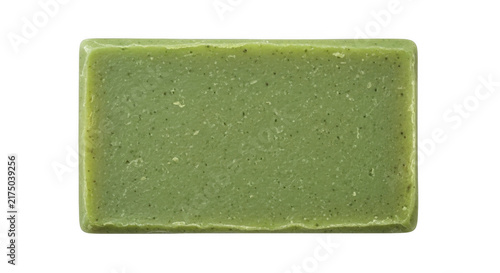Green herbal soap bar isolated on white background for spa and skincare product design