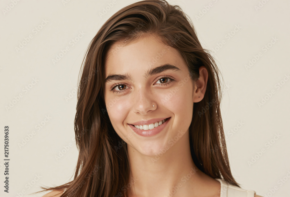 Naklejka premium Close Up Headshot of Beautiful Young Brunette Woman Smiling