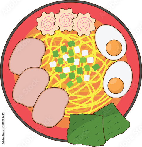 Ramen with Toppings Vector Illustration. Japanese Noodle Design Element Isolated on White Background