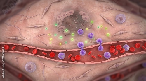 3D medical illustration of immune response with leukocytes crossing blood vessel walls