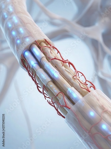 Microscopic view of a nerve fiber with myelin sheath and blood vessels