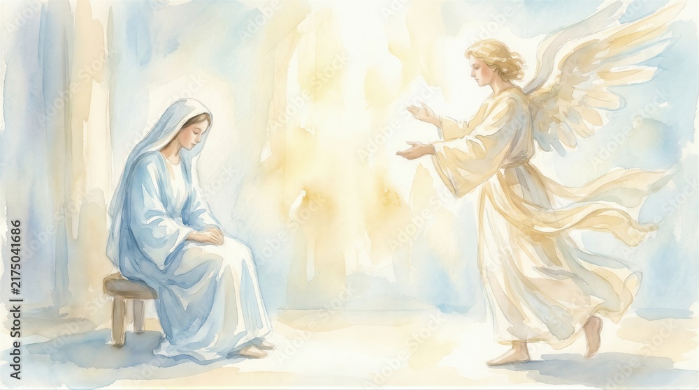 Fototapeta premium Angel Gabriel appearing to woman Mary for annunciation. Watercolor illustration of biblical scene depicting divine message, holy event, Christian tradition and spiritual faith.