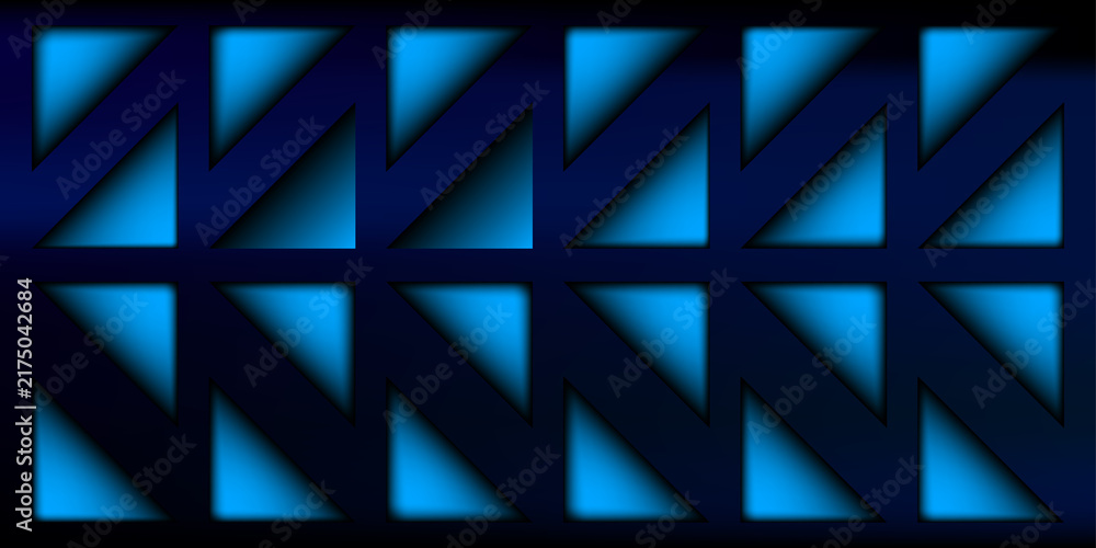 Fototapeta premium Abstract blue geometric triangular pattern featuring sharp edges and dark neon highlights for futuristic digital technology interface designs.