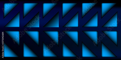 Abstract blue geometric triangular pattern featuring sharp edges and dark neon highlights for futuristic digital technology interface designs.