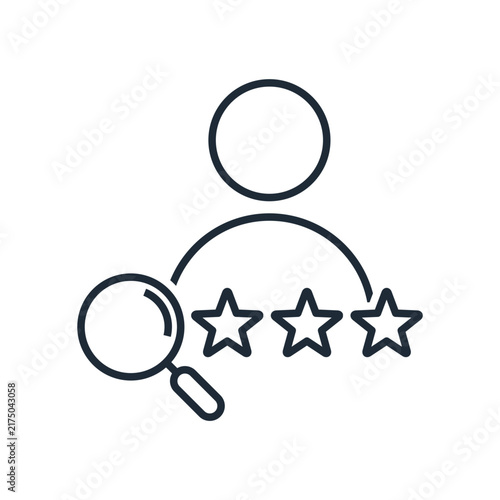 Vector linear icon  a user profile avatar with rating stars and a magnifying glass.  HR recruitment, candidate candidate search, employee skill assessment, customer review audit, candidate evaluation 
