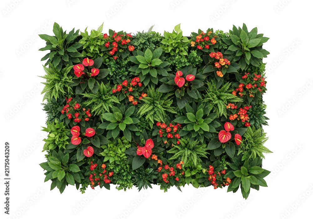 Obraz premium A vibrant vertical garden wall featuring lush green foliage and bright red flowers isolated against a solid black background for modern interior design