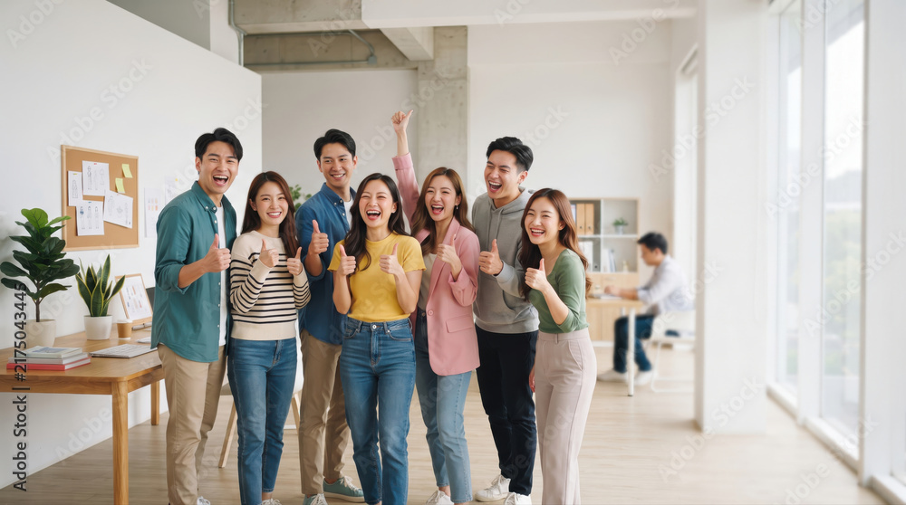 Obraz premium Group of Young Adults Celebrating Success in Modern Office Space with Thumbs Up and Happy Expressions in Bright and Welcoming Interior