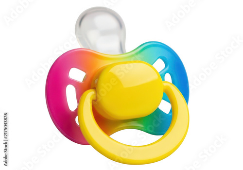 A vibrant rainbow colored baby pacifier featuring a clear silicone nipple and a bright yellow handle isolated against a clean white studio background