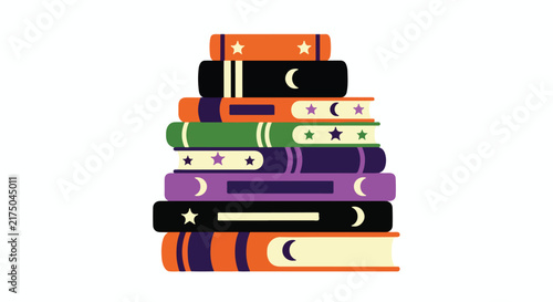 Stack of colorful books with mystical moon and star symbols.