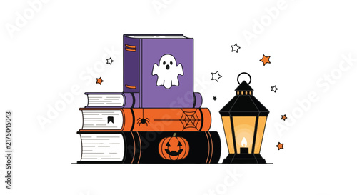 Stack of Halloween themed books with a glowing lantern.
