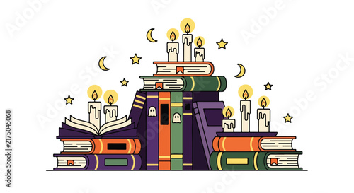 Stack of old books with glowing candles and stars illustration.