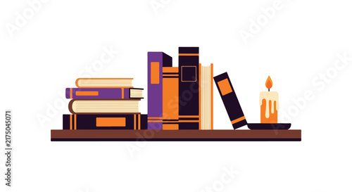 Stack of old vintage books with a burning candle on a wooden shelf.