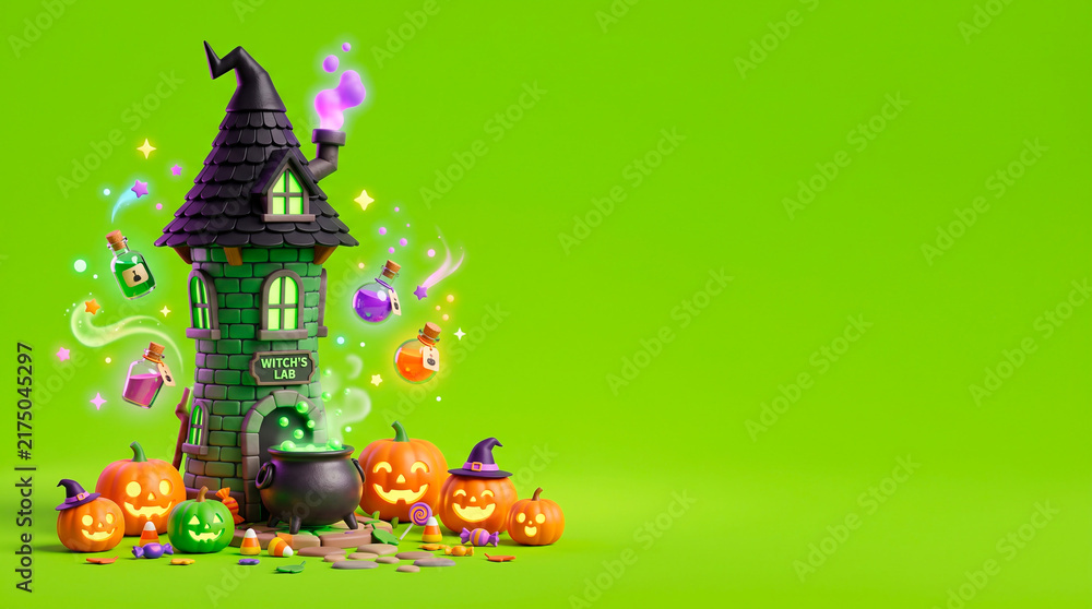 Fototapeta premium Whimsical Halloween witch lab with pumpkins and potions on a bright green background