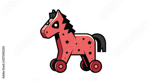 Stylized red wooden toy horse on wheels with black star patterns.