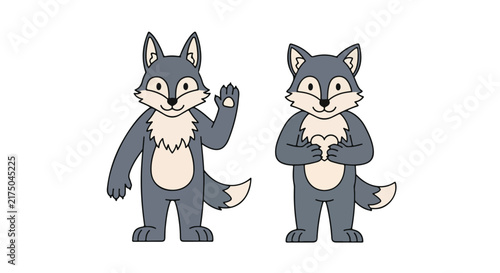 Two Cute Cartoon Wolf Characters Standing Together.