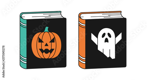 Two spooky Halloween themed books with pumpkin and ghost cover illustrations.