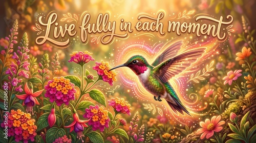 Magical hummingbird feeding on vibrant flowers, surrounded by golden light and a motivational quote 