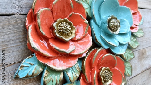 Bright Red and Turquoise Floral Embellishments on Weathered Wooden Board for Crafts and Decor