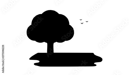Peaceful morning park landscape with large green tree and pathway flat vector illustration