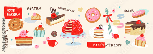 pastry and desserts playful naive hand drawn food illustration, set of elements for bakery  and cafe branding, packaging, cafe menu, stationery, stickers, vector
