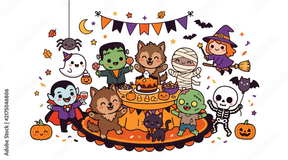 Naklejka premium Cute Halloween Characters Gathering for a Spooky Party with Candy and Decorations