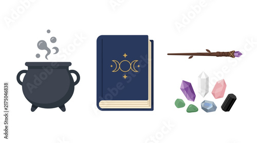 Witchcraft symbols including a cauldron, spellbook, wand, and crystals for magic and occult rituals