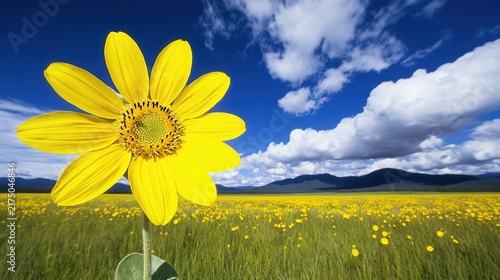 Bright Yellow Wildflower in Foreground Over a Vast Field of Blooms Under a Clear Sky