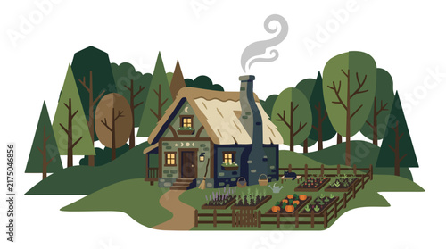 Charming Rustic Cottage with Thatch Roof and Vegetable Garden in a Lush Forest Setting
