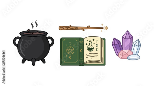 Witchcraft elements including a cauldron, spellbook, wand, and crystals, vector illustration