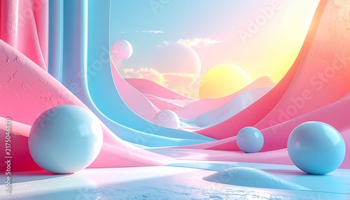 抽象的なパステルカラーの3D幾何学図形背景 モダンでミニマルなコピースペース