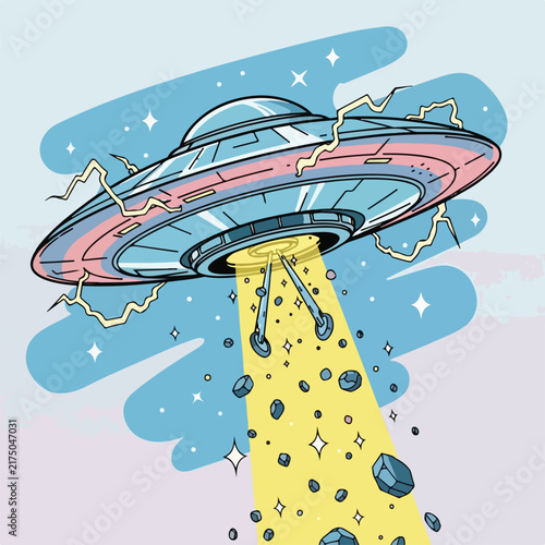 Retro Cartoon UFO Flying Saucer Abducting Rocks in Space