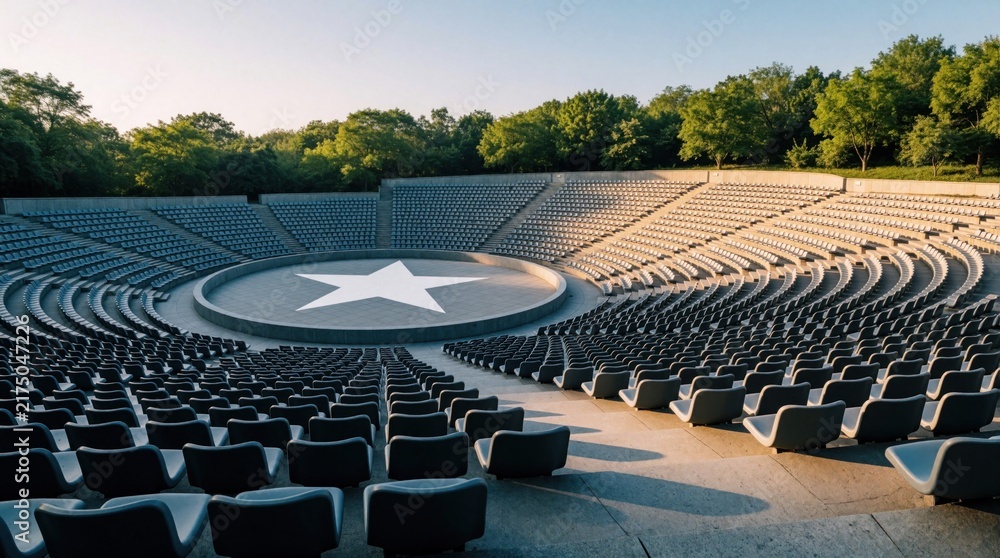 Fototapeta premium Modern open air amphitheatre with empty grey seats. Large circular concrete stage features white star design in center. Sunlit outdoor venue located in green park with trees under clear blue sky.