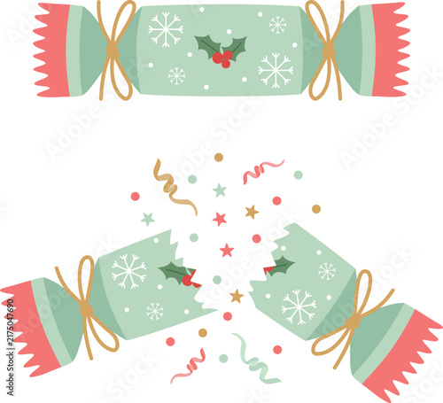 Christmas holiday cracker set whole and opened with confetti, vector hand drawn illustration