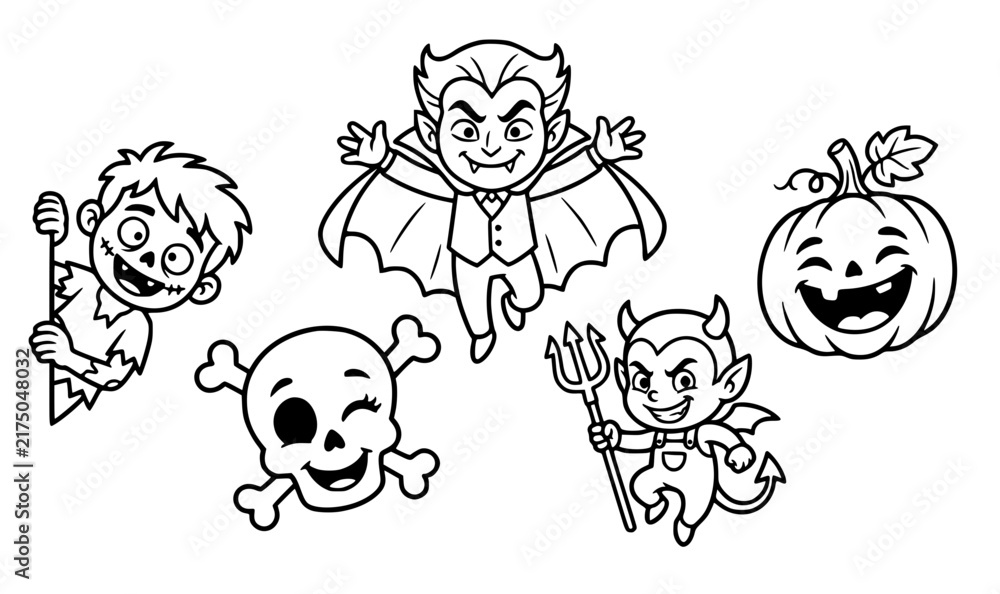 Fototapeta premium Adorable cartoon Halloween characters set with Dracula zombie winking skull devil and laughing pumpkin vector illustration black and white