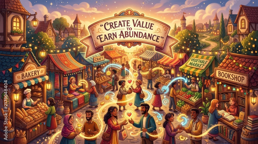 Obraz premium Magical Medieval Market Scene: People Bartering and Creating Value to Earn Abundance