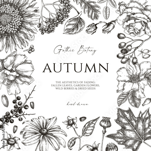Autumn heritage frame design. Dark botany invitation card illustration in gothic floral style. NOT AI generated