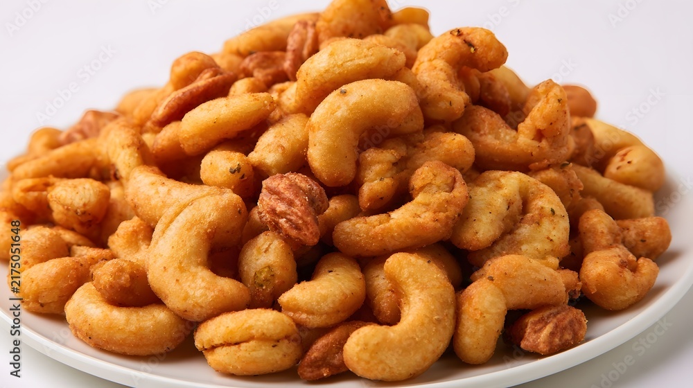 Fototapeta premium A pile of seasoned roasted cashews and mixed nuts on a white plate golden brown and appetizing