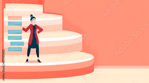 Woman presenting steps or career growth milestones on a layered platform vector illustration