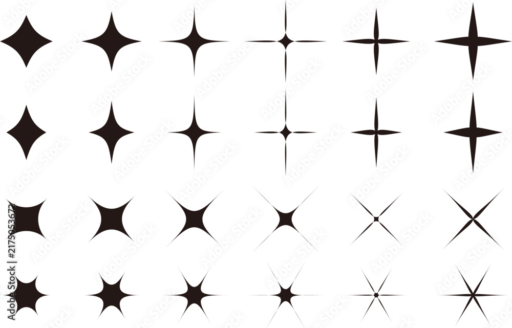 Fototapeta premium キラキラ輝く星型・光のエフェクト素材セット｜多彩な形状のきらめき装飾 Sparkling Star-Shaped Light Effect Asset Set | Glittering Decorative Elements in Various Shapes