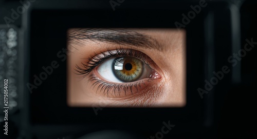 Eye and camera border frame with copy space for World Sight Day photography for vision, Eye combined with camera elements forming a border with copy space for World Sight Day photography for vision