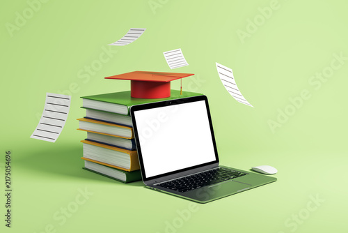 Online education concept with blank laptop screen, stacked school books, graduation cap and floating papers on a light green background. 3D Rendering