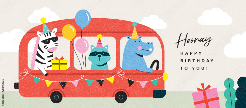Fototapeta premium Party animals theme birthday card with hippo, raccoon and zebra in the bus.