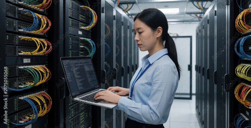 Fototapeta premium Asian female system administrator uses laptop computer in high tech data center. Young woman engineer works among server racks for software config, cloud computing maintenance. Pro technician