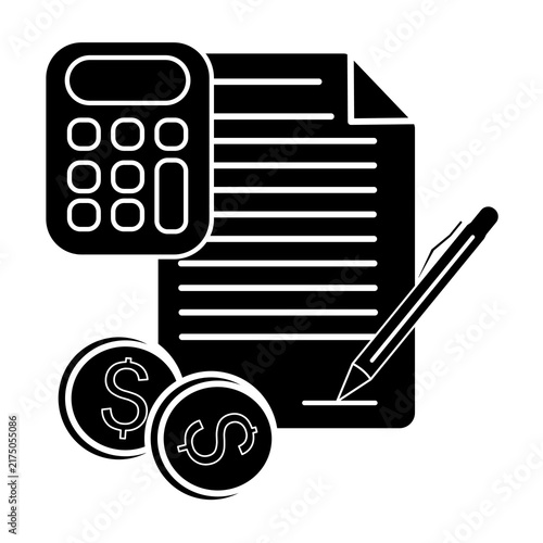 Business Financial Accounting and Tax Calculation Concept, Calculator with Financial Documents, Pen, and Dollar Coins.