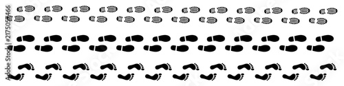 Set of black vector footprints and shoe prints tracks isolated on a white background, including boots, shoes, and bare feet trails.